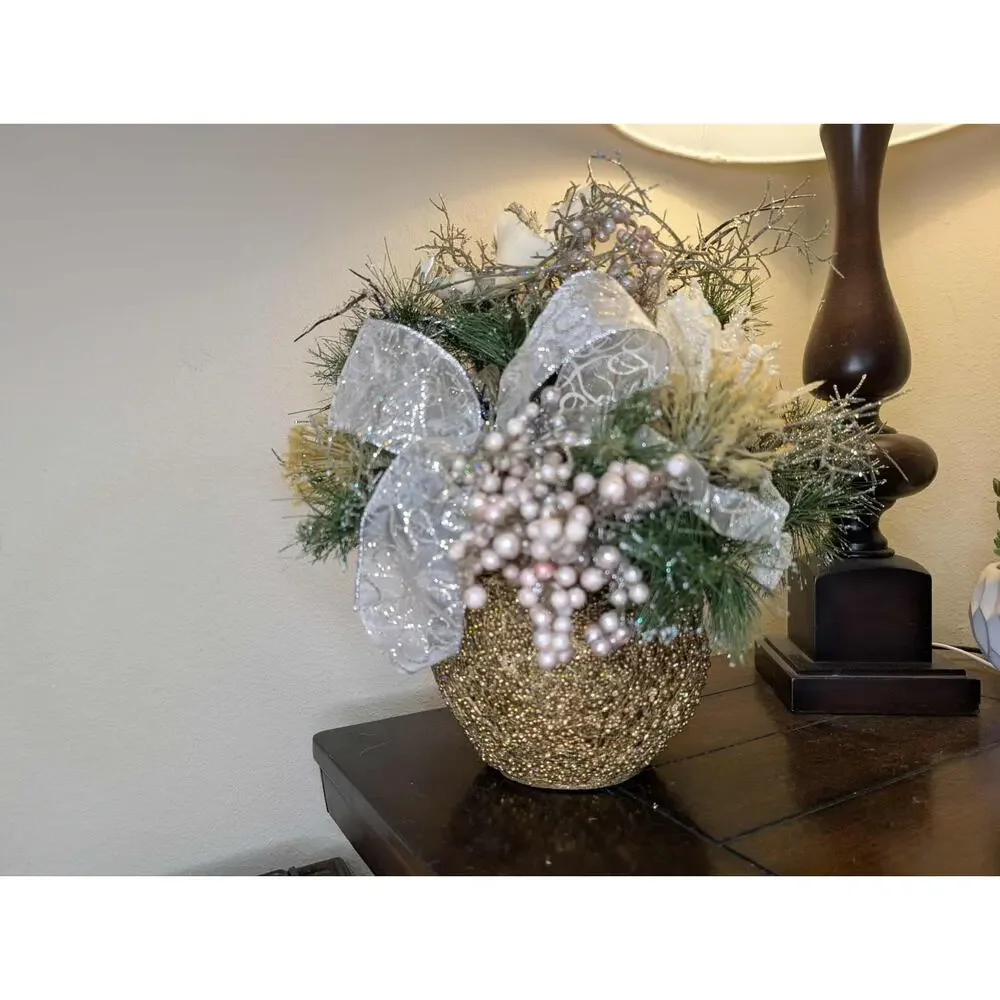 Christmas Fall Floral Arrangement Dining Home Centerpiece Gold Beaded Silver